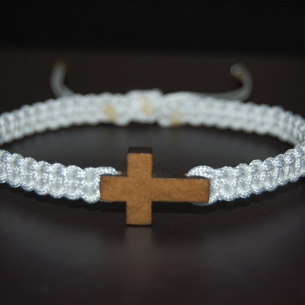 Cross Bracelet,Wood Cross Bracelet,Braided Bracelet,White Bracelet